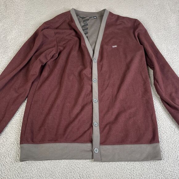 Vans Cardigan Sweater Mens XXL  Maroon Gray Knit Button V-Neck Spellout Skate - Picture 1 of 9